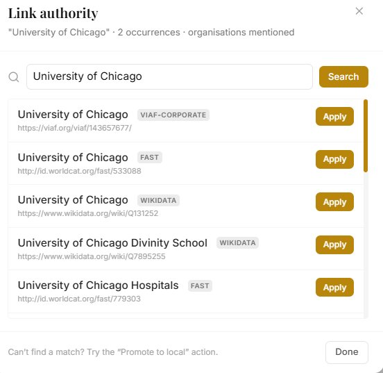 Archivers.ai authority linking — reconciling an organisation against VIAF, FAST and Wikidata authority records