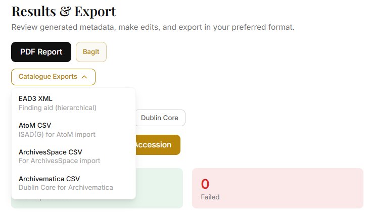 Archivers.ai catalogue export menu — EAD3 XML, AtoM CSV, ArchivesSpace CSV and Archivematica CSV