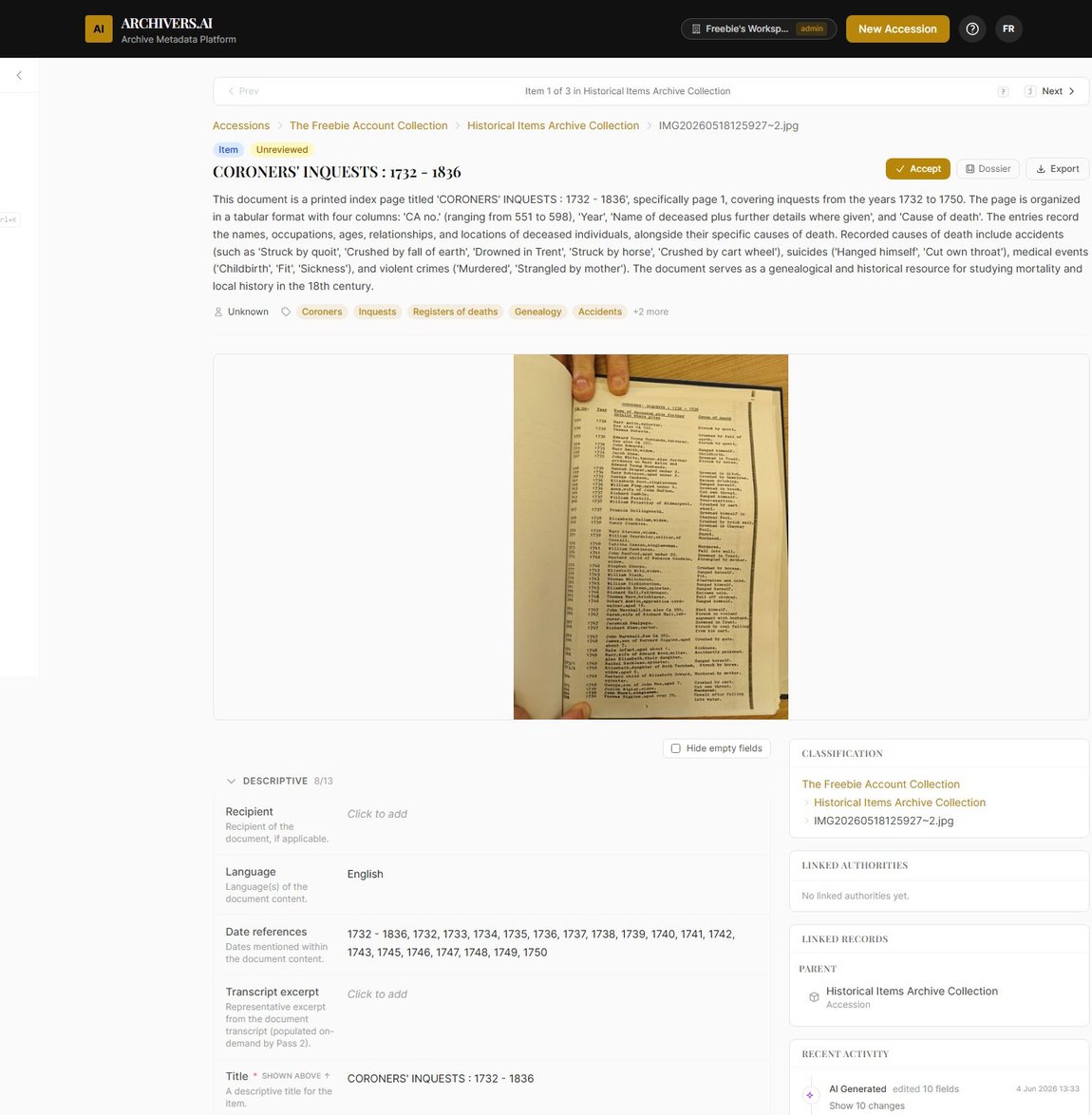 A catalogue record in Archivers.ai for a printed index page of Coroners’ Inquests 1732–1836, showing the AI-drafted description, subject tags, the source page image, the descriptive field set, linked records and an activity log noting which fields the AI generated